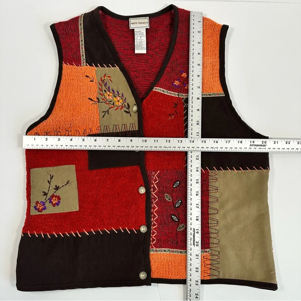 Vintage Napa Valley Patchwork Vest Medium Fall Embroidered Button‎ Front Casual